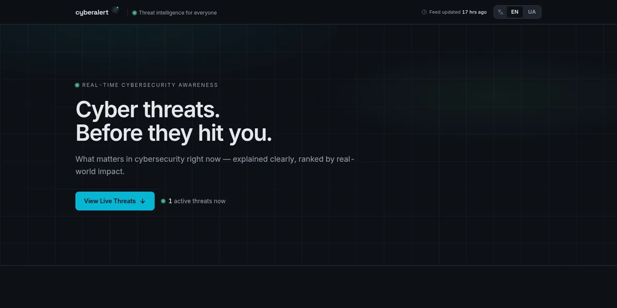 CyberAlertX landing page — cyber threats, before they hit you