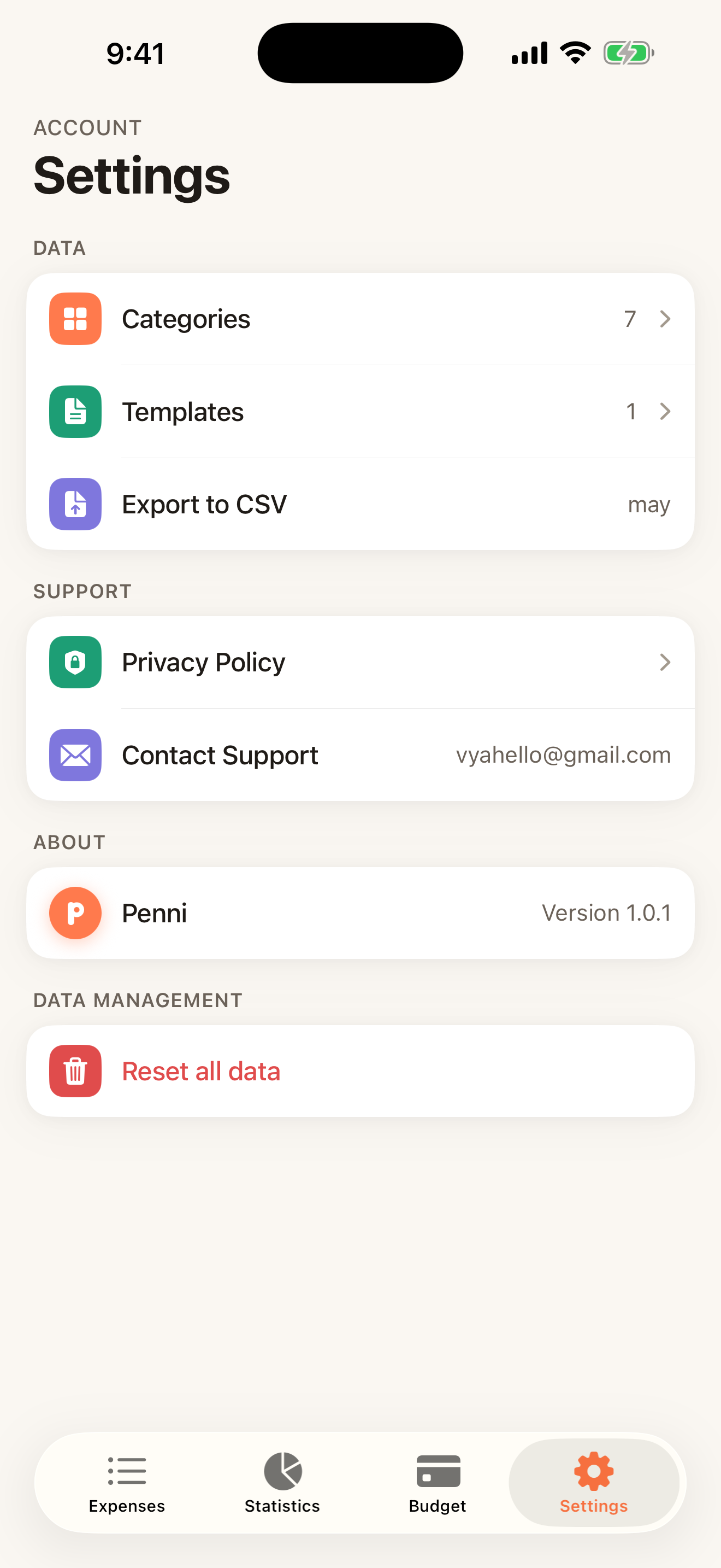 Settings tab with data management, privacy and support sections