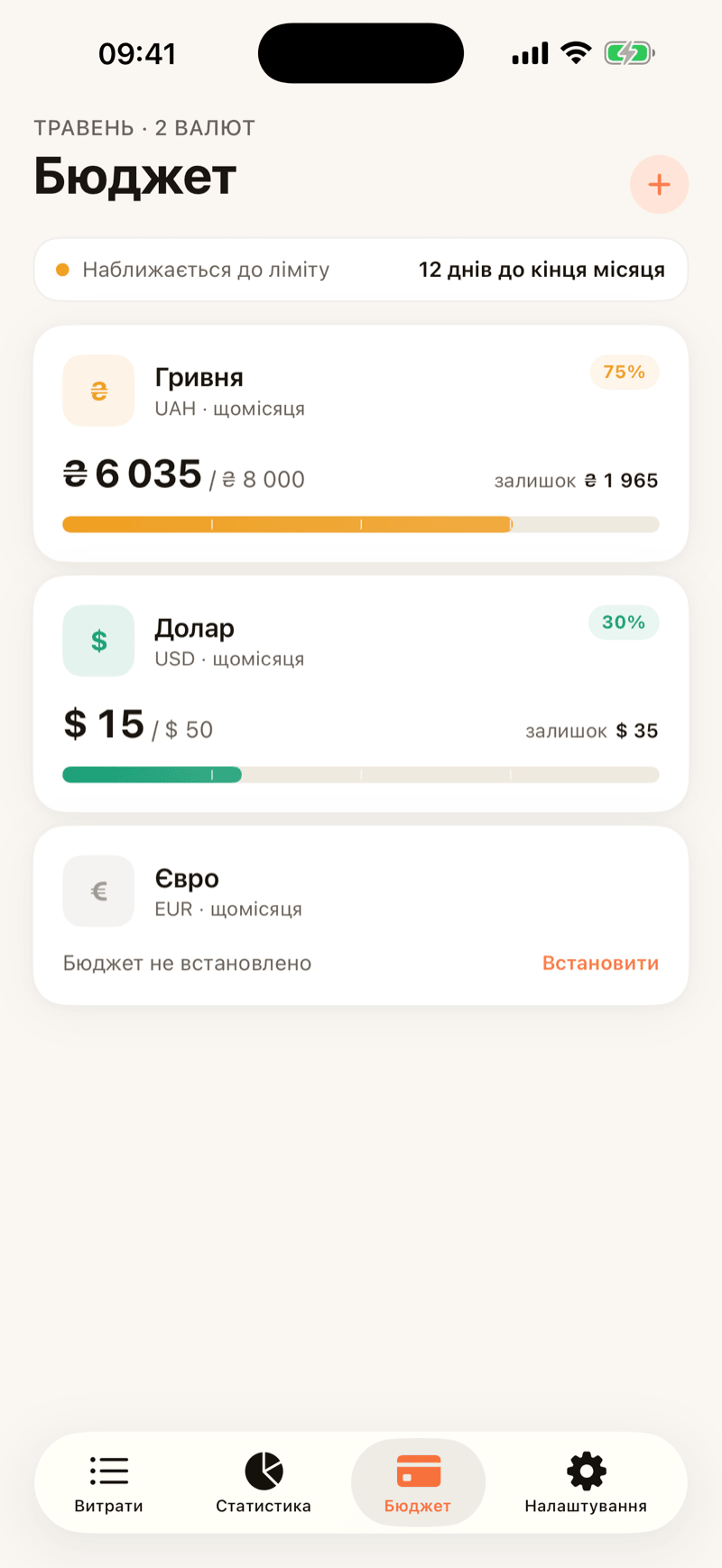 Вкладка Бюджет: прогрес-бар для кожної валюти